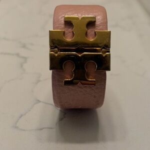Tory Burch Blush Pink Leather Bracelet with Gold Logo Clasp